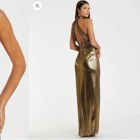 IEENA FOR MAC DUGGAL 26738 Gold Metallic Criss Cross Halter Neck Gown - Picture 2 of 10